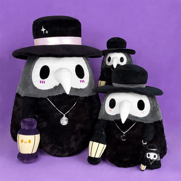 Three plush toys plague doctor plush with top hats on a purple background
