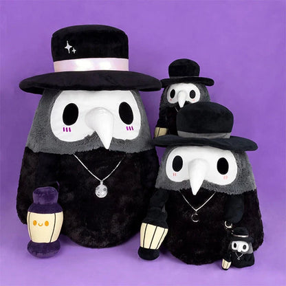 Three plush toys plague doctor plush with top hats on a purple background
