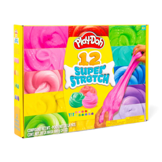The box for the Play-Doh Super Stretch 12-Pack, showing a rainbow of 12 colorful slime goo containers and a hand stretching pink slime.