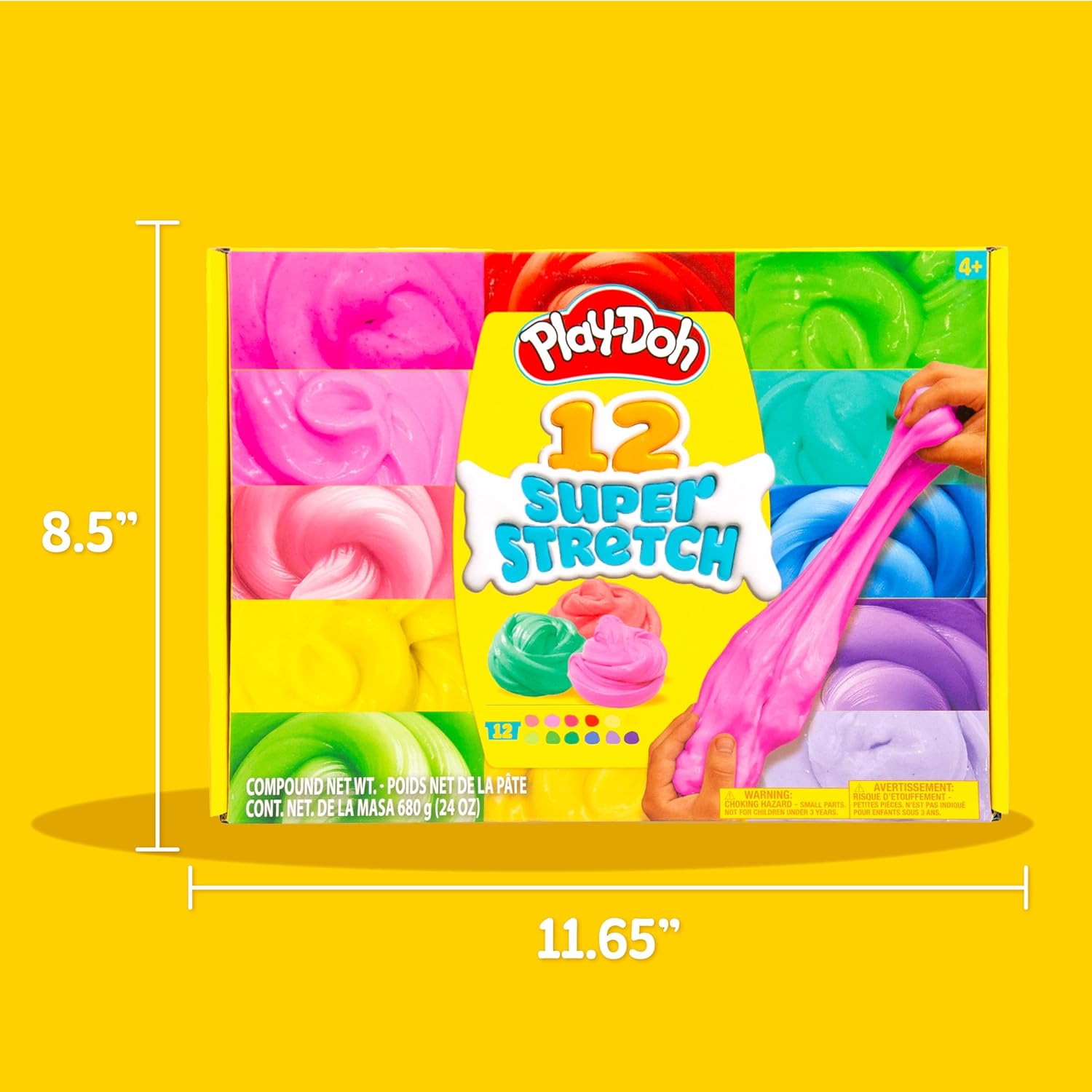 Play-Doh Super Stretch slime kit packaging with dimensions on a yellow background