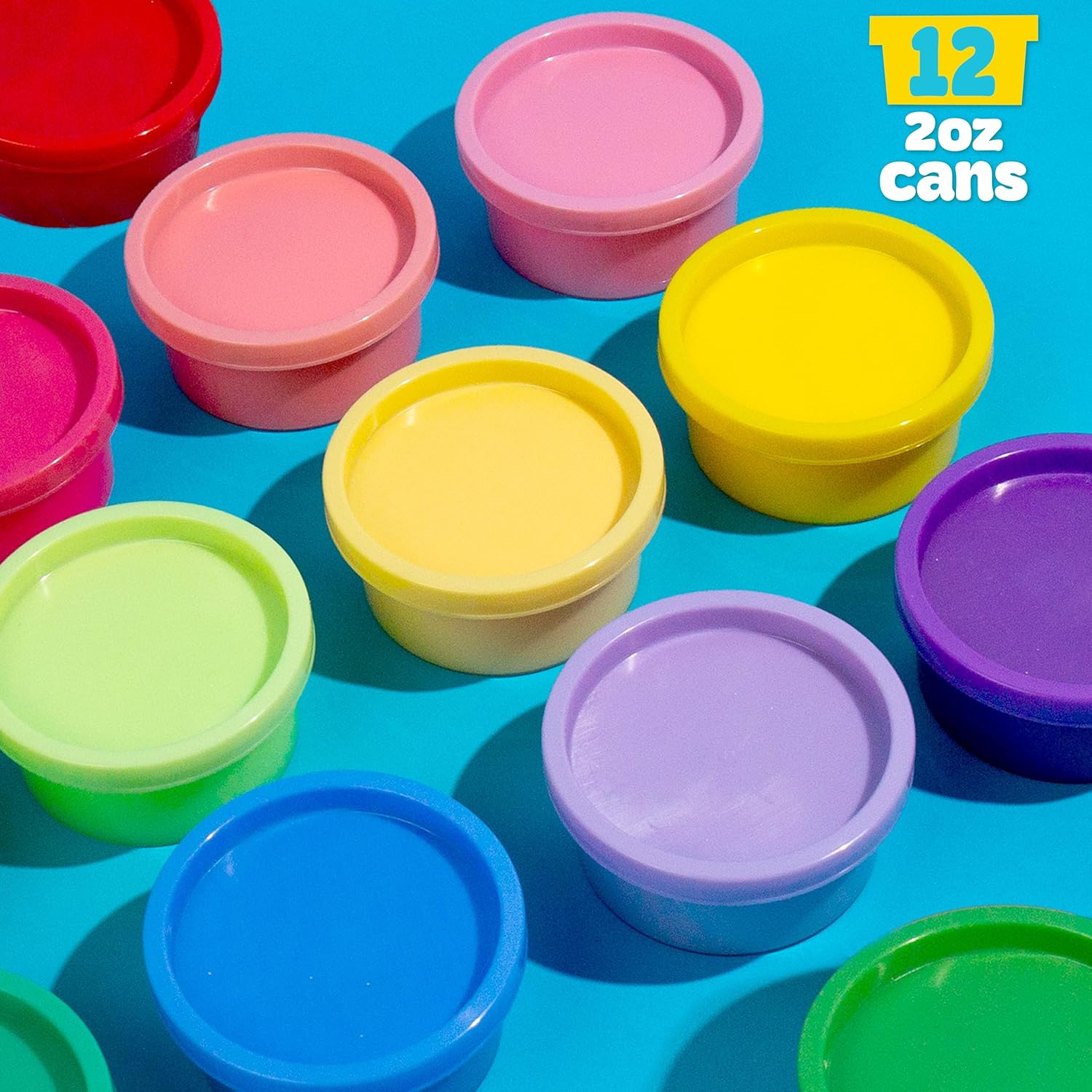 Colorful plastic can lids on a blue background with '12 oz cans' text.