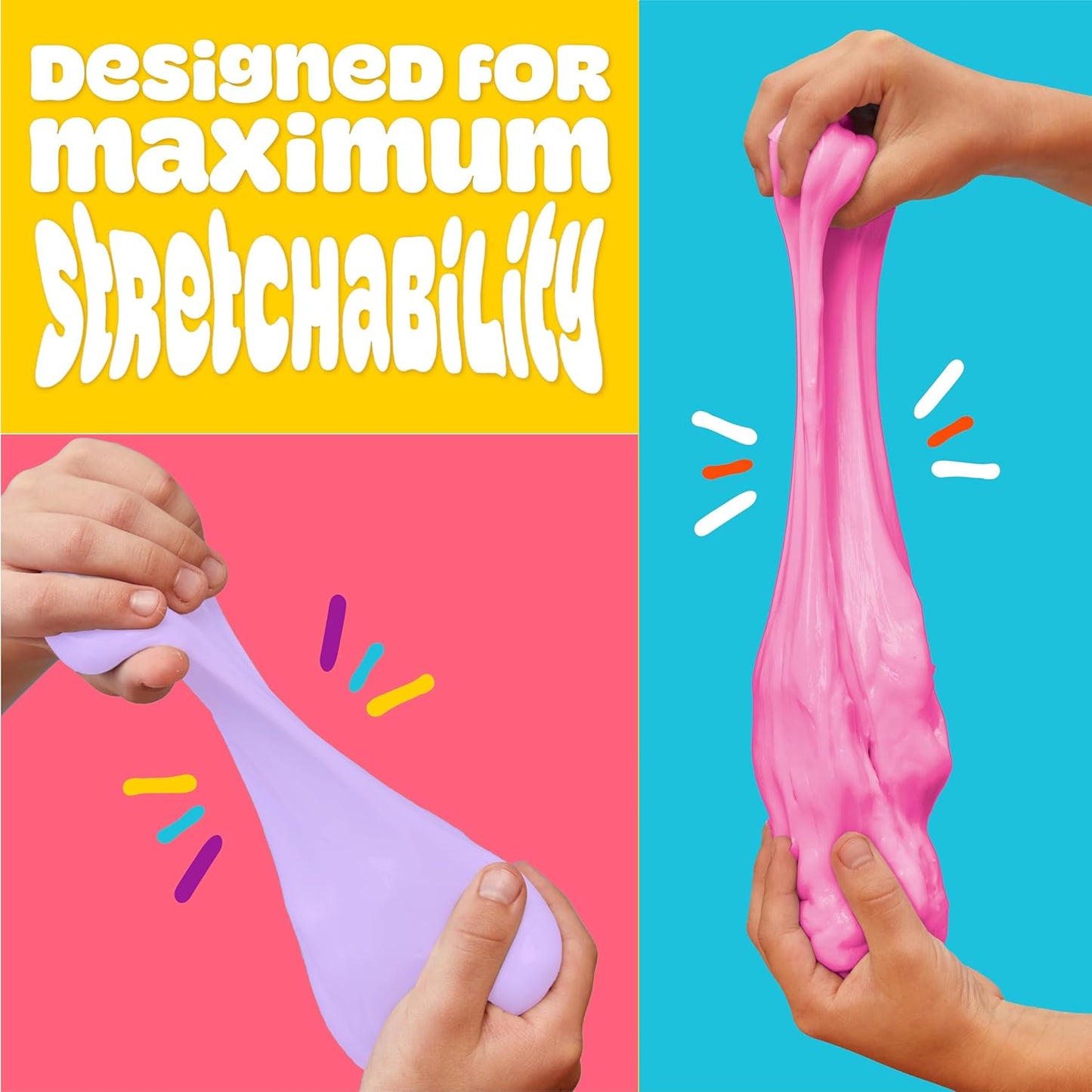 Two hands stretching pink and purple slime against colorful backgrounds with text 'Designed for maximum stretchability'.