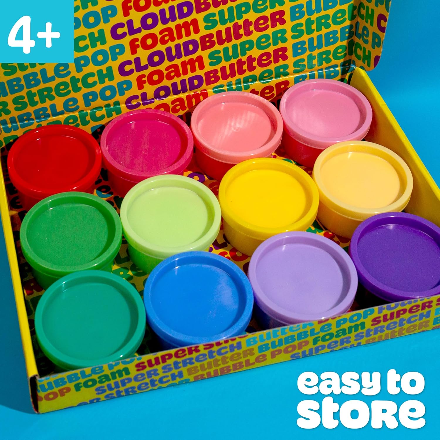 Assorted colored containers with a colorful box in the background, featuring the text 'easy to store'.