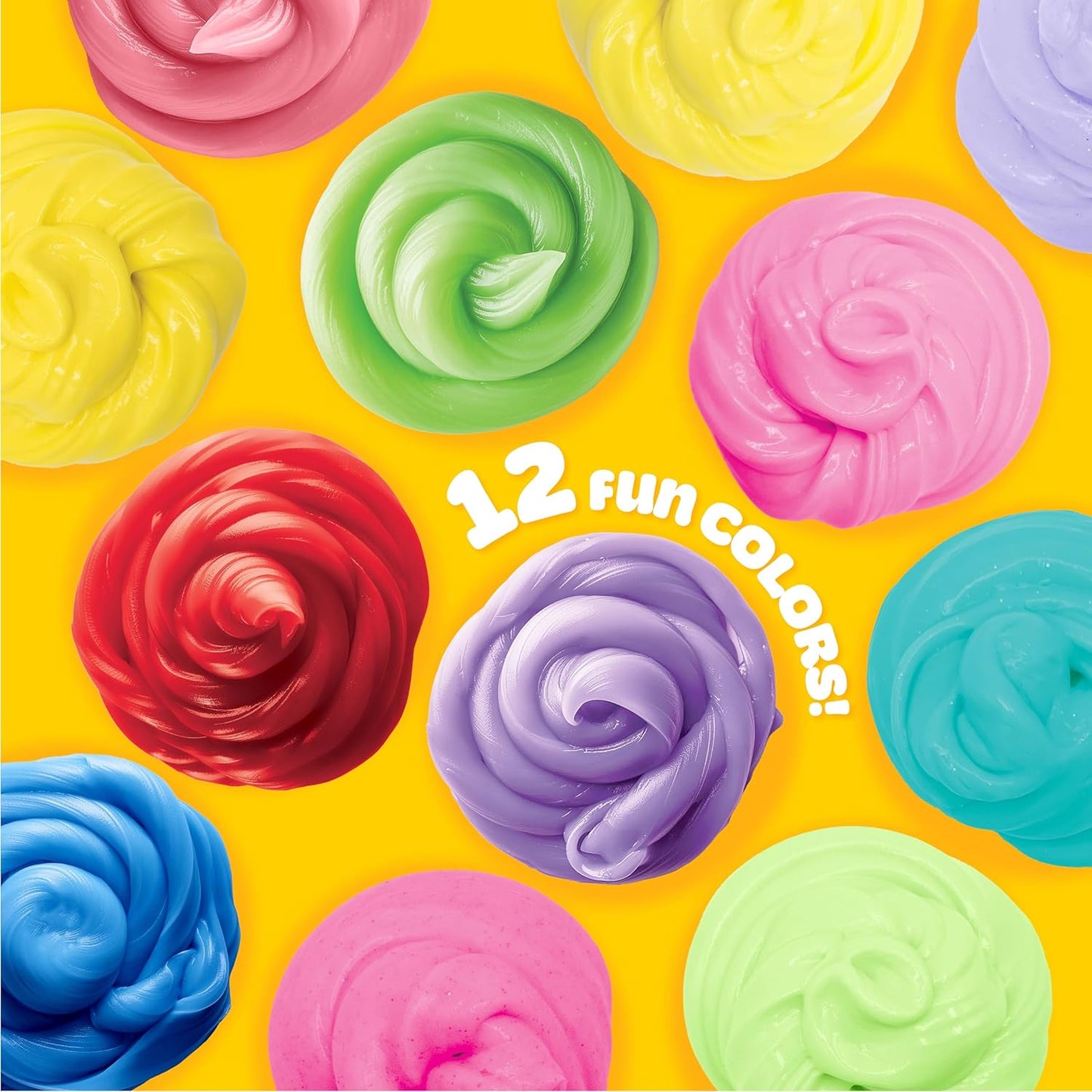 Pattern of colorful swirled substances on a yellow background with text '12 fun colors'.
