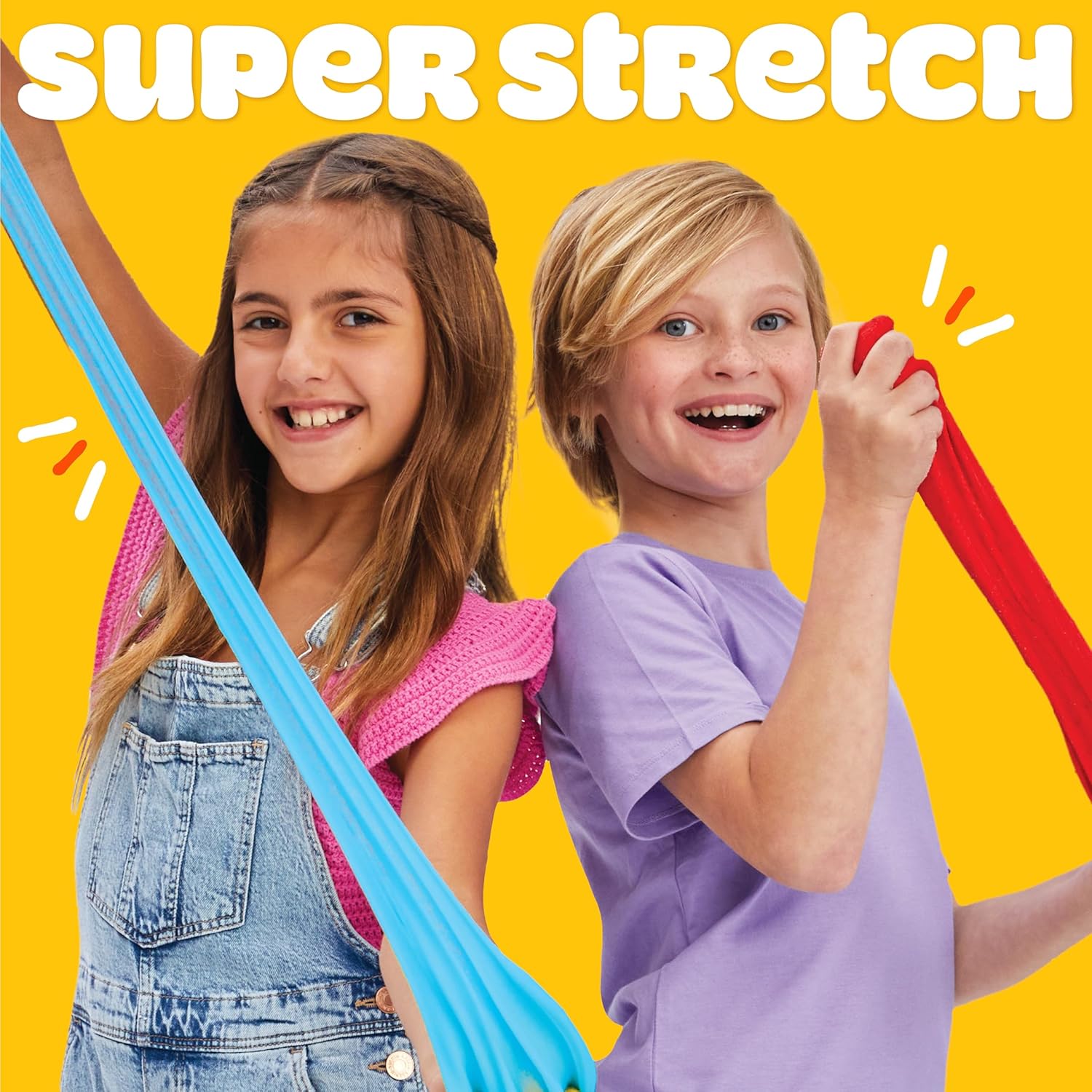 Two children playing with colorful stretchy bands against a yellow background with 'Super Stretch' text.