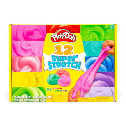 Play-Doh Super Stretch slime kit packaging with colorful slime and a hand stretching pink slime.