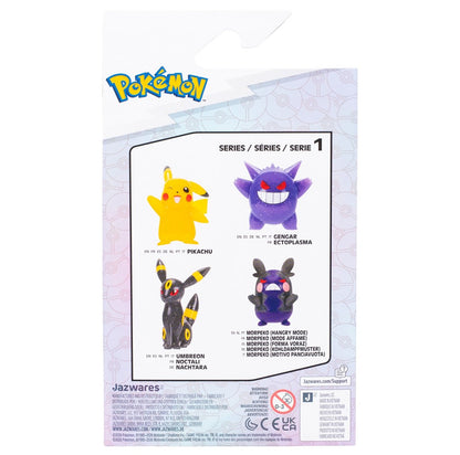 Back okf display box for Officially licensed Jazwares Pokémon 30th Anniversary 3-inch glitter Pokemon figures showing 4 characters to collect.