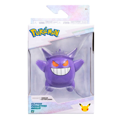 Officially licensed Jazwares Pokémon 30th Anniversary 3-inch glitter purple Gengar battle figure.
