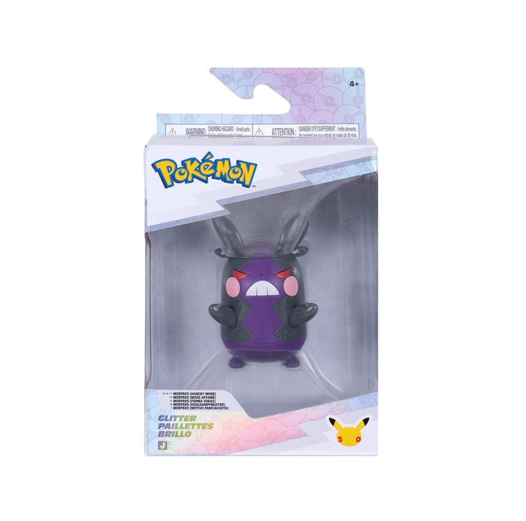 Officially licensed Jazwares Pokémon 30th Anniversary 3-inch glitter Morpeko Hangry Mode battle figure.