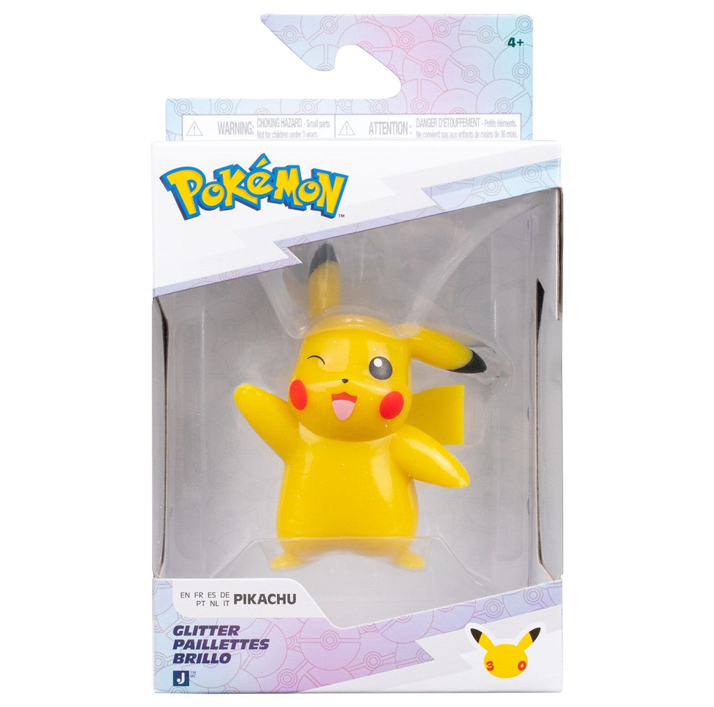 Display Box containing Officially licensed Jazwares Pokémon 30th Anniversary 3-inch glitter Pikachu battle figure winking.