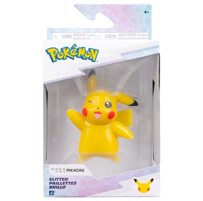 Display Box containing Officially licensed Jazwares Pokémon 30th Anniversary 3-inch glitter Pikachu battle figure winking.
