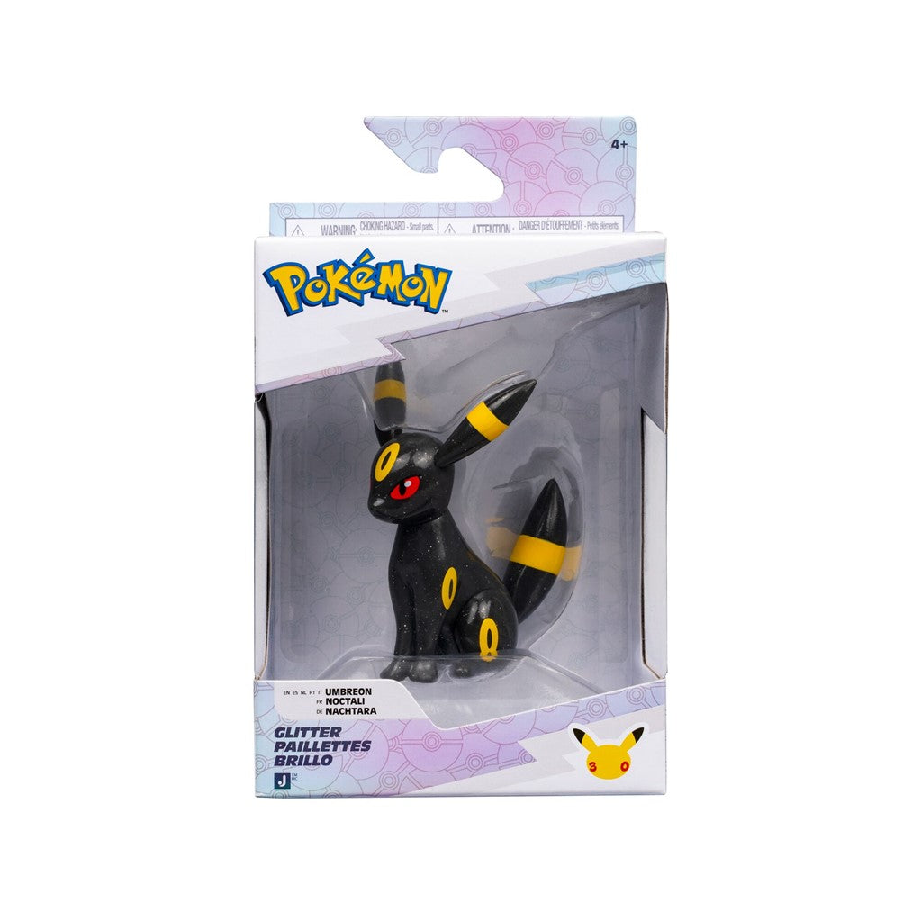 Officially licensed Jazwares Pokémon 30th Anniversary 3-inch glitter Umbreon battle figure.