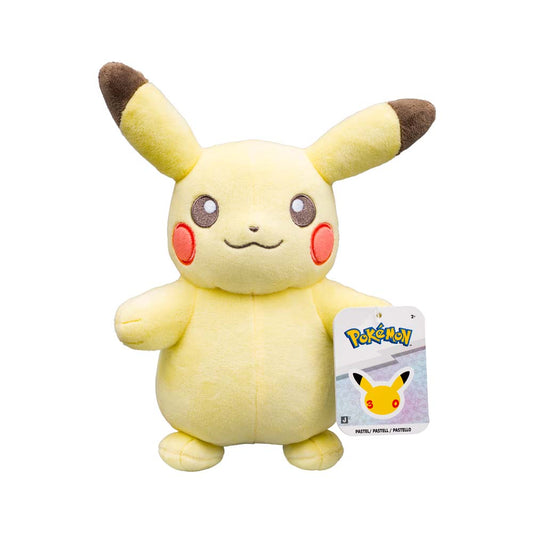 Officially licensed Jazwares Pokémon 30th Anniversary 8-inch pastel Pikachu plush sitting upright.
