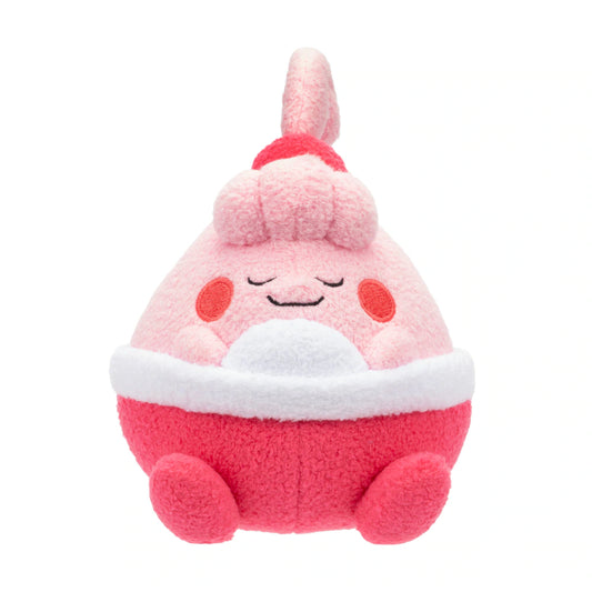 Product view of the Pokémon 5-Inch Sleeping Happiny Plush, featuring the pink Normal-type character in a peaceful sleeping pose.