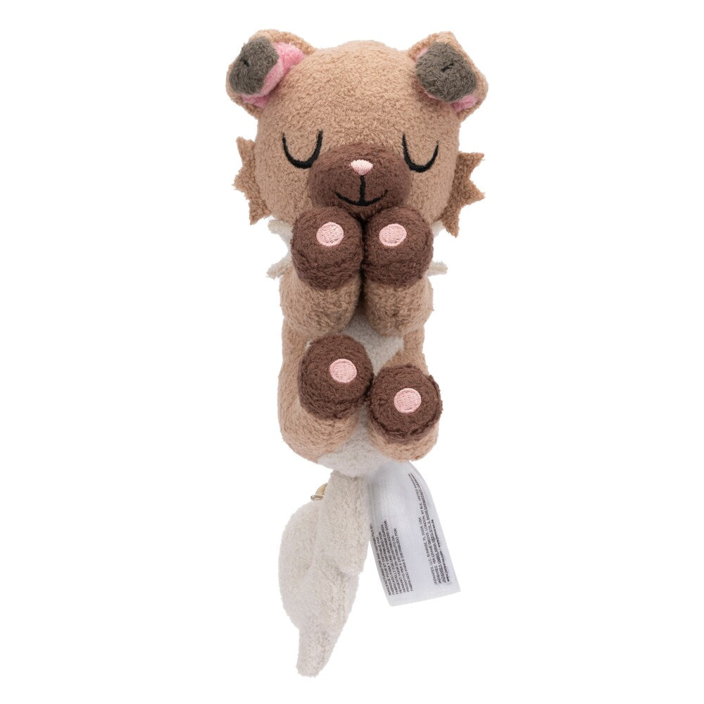 Product view of the Pokémon 5-Inch Sleeping Rockruff Plush, featuring the brown and white Rock-type character in a peaceful sleeping pose.
