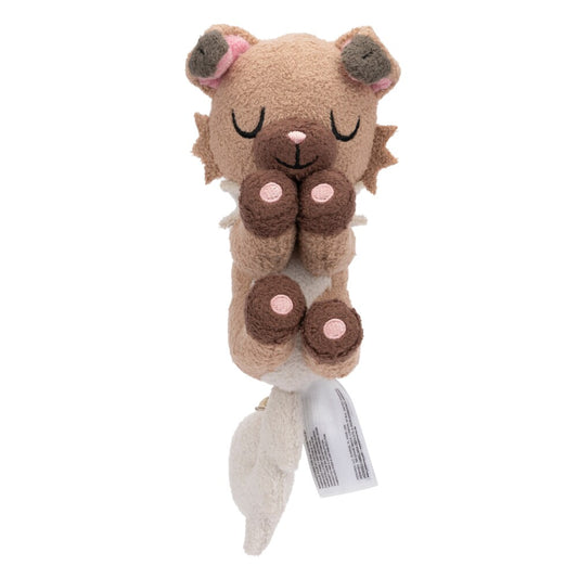 Product view of the Pokémon 5-Inch Sleeping Rockruff Plush, featuring the brown and white Rock-type character in a peaceful sleeping pose.