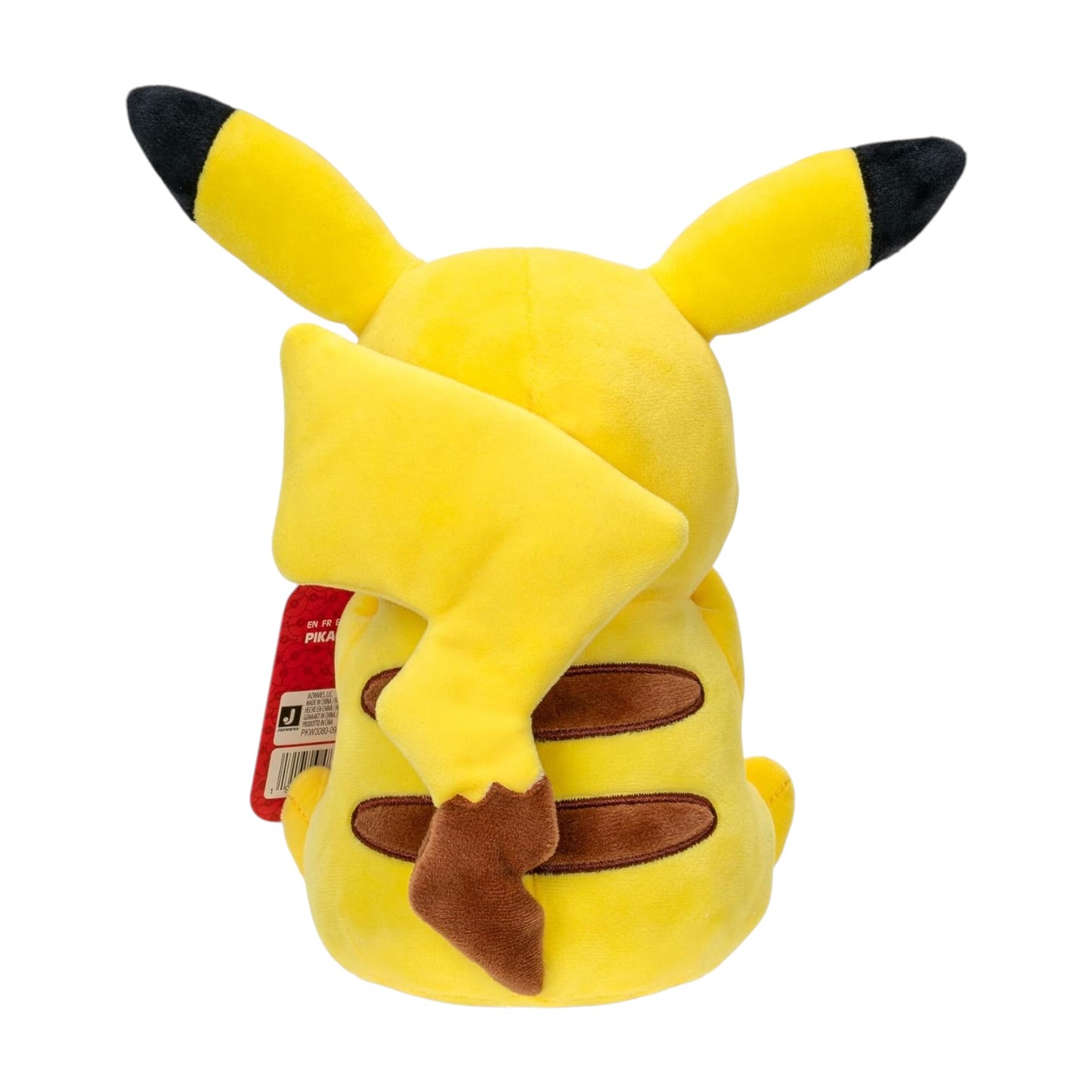 Plush toy resembling Pikachu with a tag on a white background