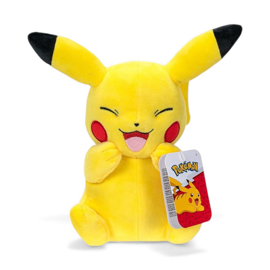 Product view of the Pokémon 8-Inch Laughing Pikachu Plush, featuring the yellow Electric-type character giggling with its hands over its mouth.