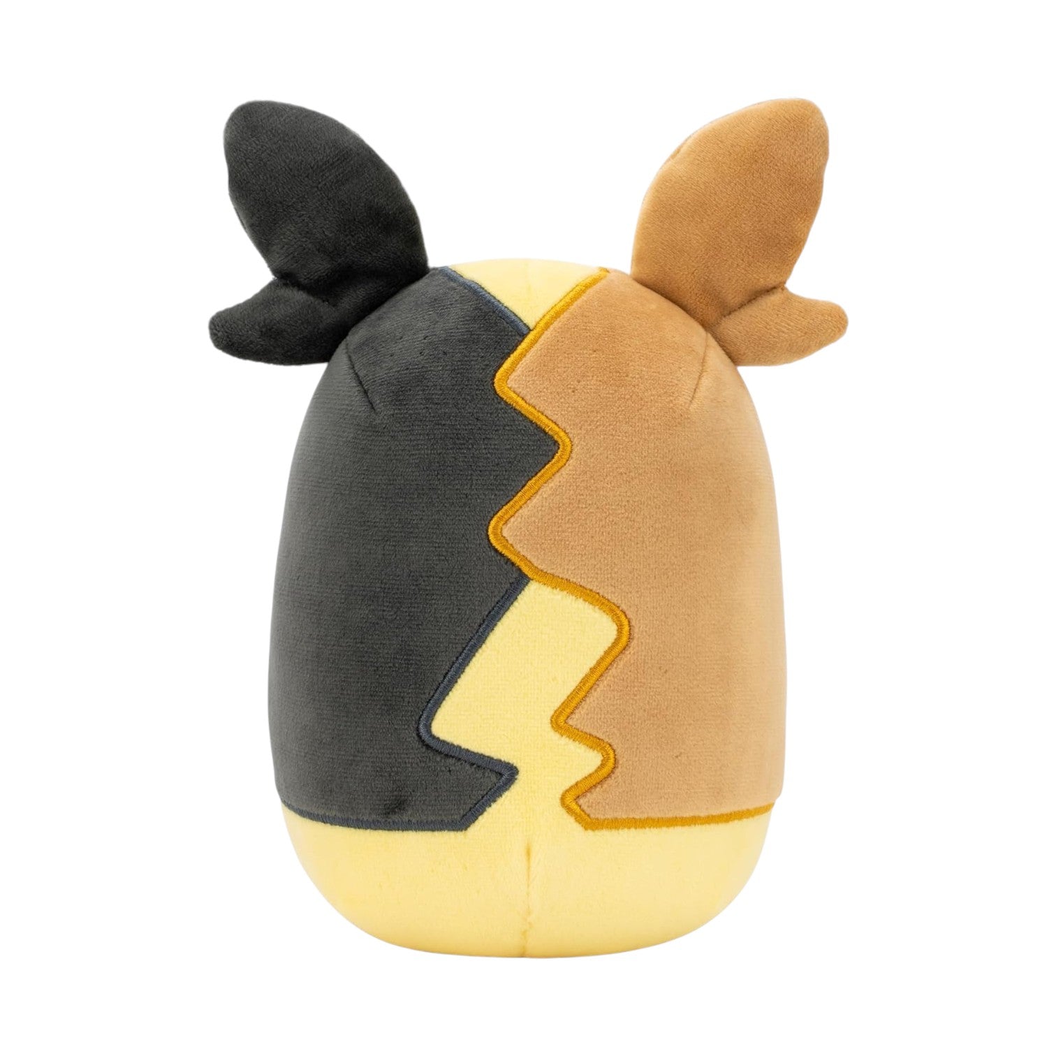 Plush toy with black, brown, and yellow color pattern on a white background