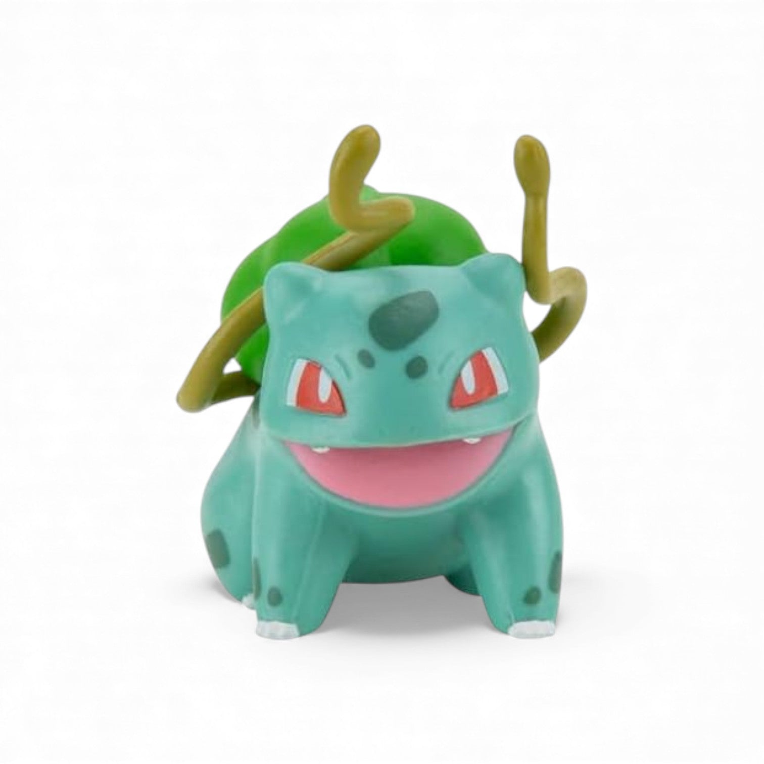 Green cartoon-like creature with red eyes on a white background