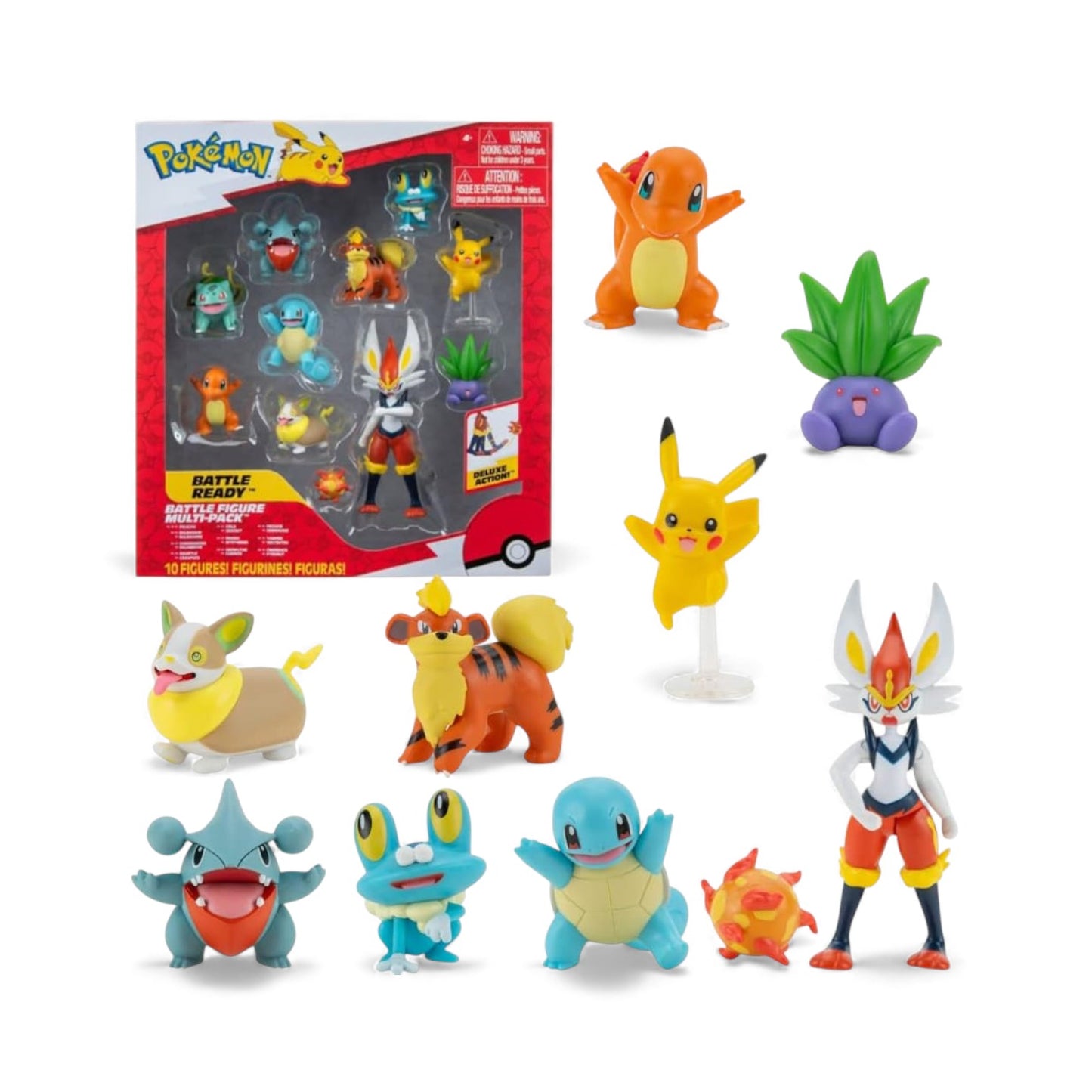 A product view of the Pokémon Battle Figure 10-Pack featuring a large 4.5-inch Cinderace and nine 2-inch figures including Pikachu, Bulbasaur, Charmander, Squirtle, and Yamper.