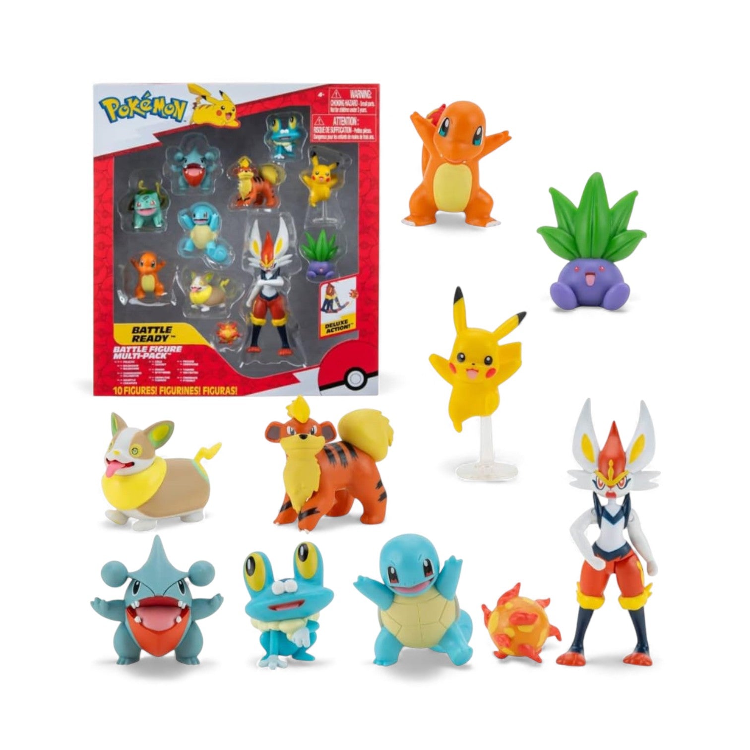 A product view of the Pokémon Battle Figure 10-Pack featuring a large 4.5-inch Cinderace and nine 2-inch figures including Pikachu, Bulbasaur, Charmander, Squirtle, and Yamper.