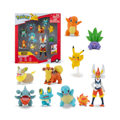 A product view of the Pokémon Battle Figure 10-Pack featuring a large 4.5-inch Cinderace and nine 2-inch figures including Pikachu, Bulbasaur, Charmander, Squirtle, and Yamper.