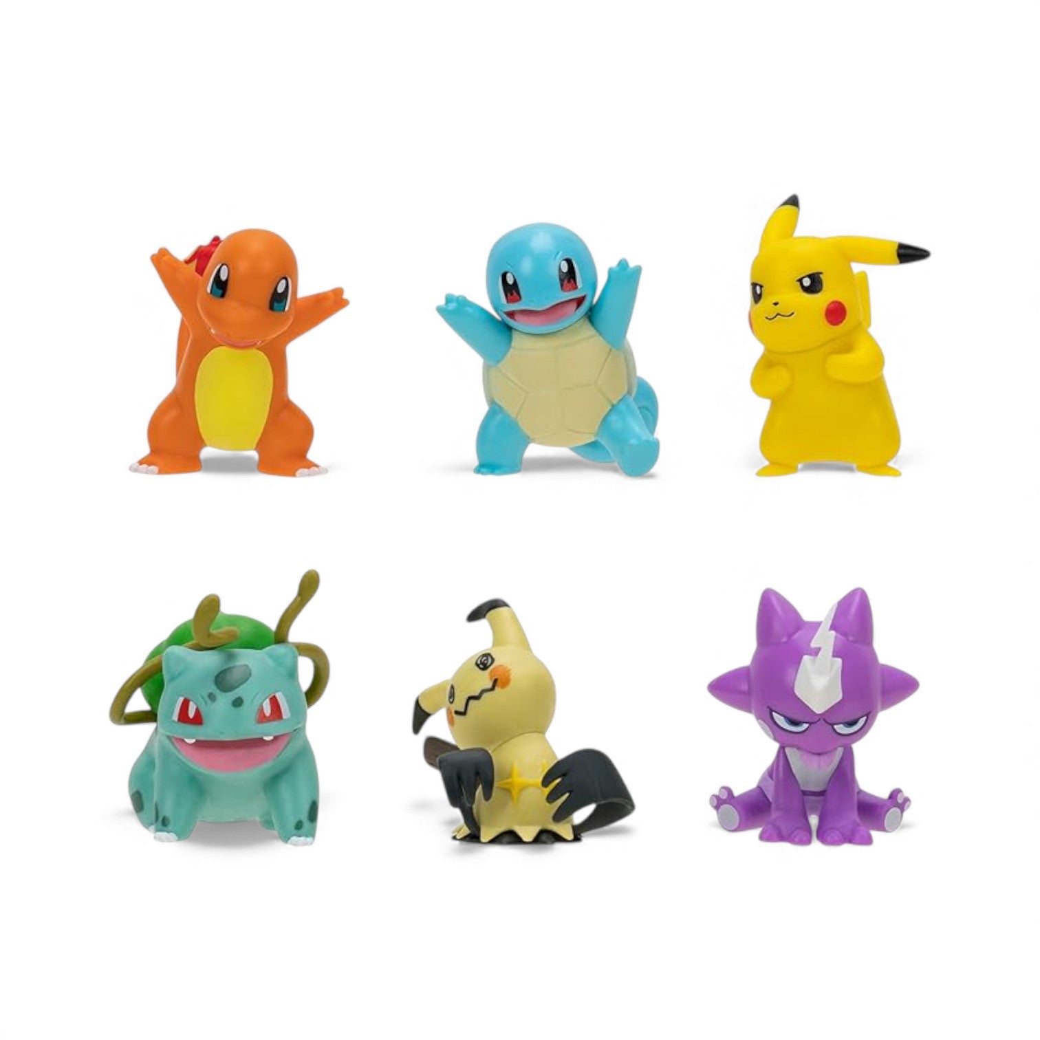 Pokémon Battle Ready 6-Figure Multi-Pack, featuring 2-inch figures of Bulbasaur, Charmander, Squirtle, Pikachu, Mimikyu, and Toxel