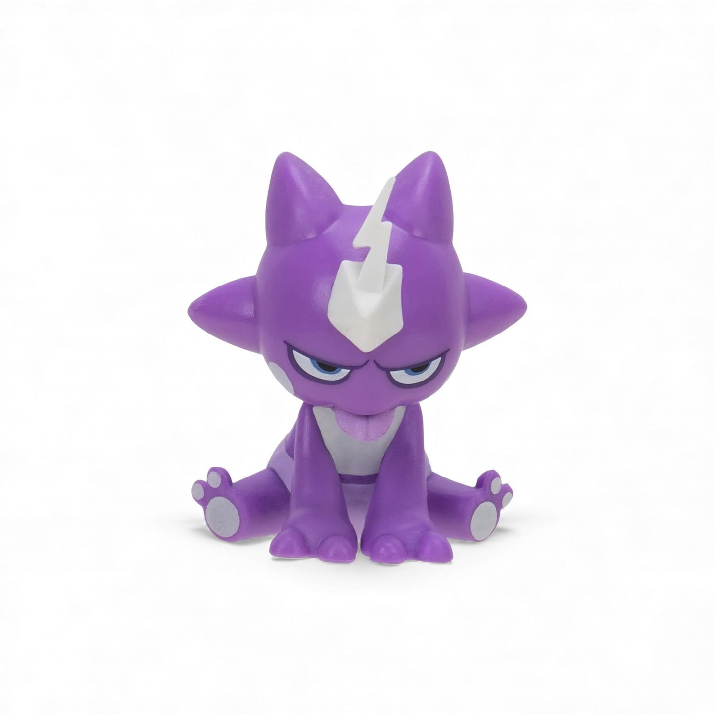 Purple and white toy figure on a white background