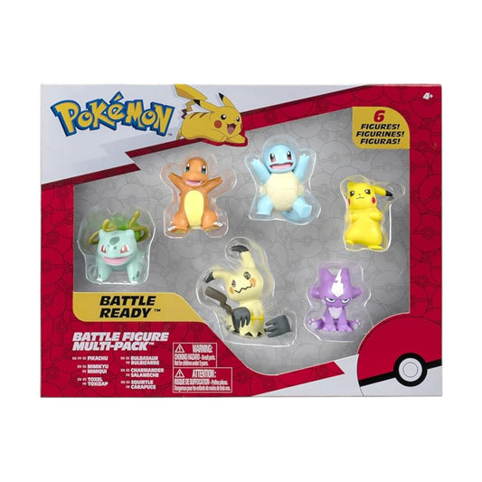Packaging view of the Pokémon Battle Ready 6-Figure Multi-Pack, featuring 2-inch figures of Bulbasaur, Charmander, Squirtle, Pikachu, Mimikyu, and Toxel displayed in a window box.