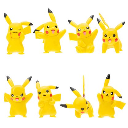 Set of Pikachu figures in various poses on a white background
