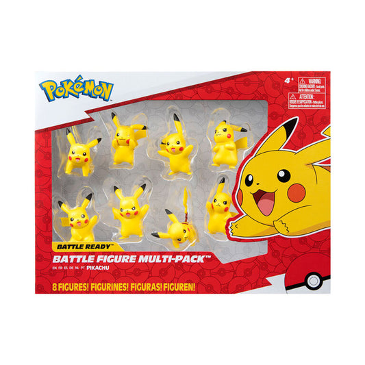 A product view of the Pokémon Battle Ready Multi-Pack containing eight different 2-inch Pikachu figures in various dynamic poses, including winking, attacking, and happy expressions.