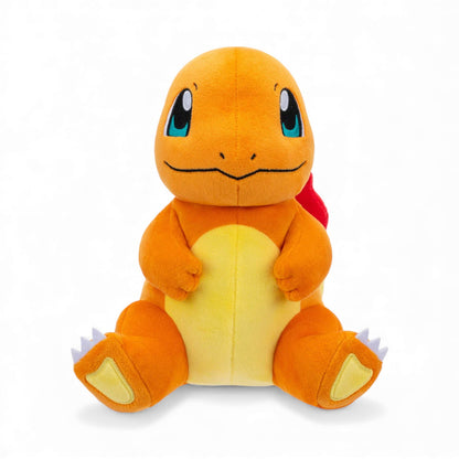 Front view of the Pokémon 8-Inch Charmander Plush, an orange Fire-type lizard with a cream belly and embroidered eyes, sitting in a happy pose.