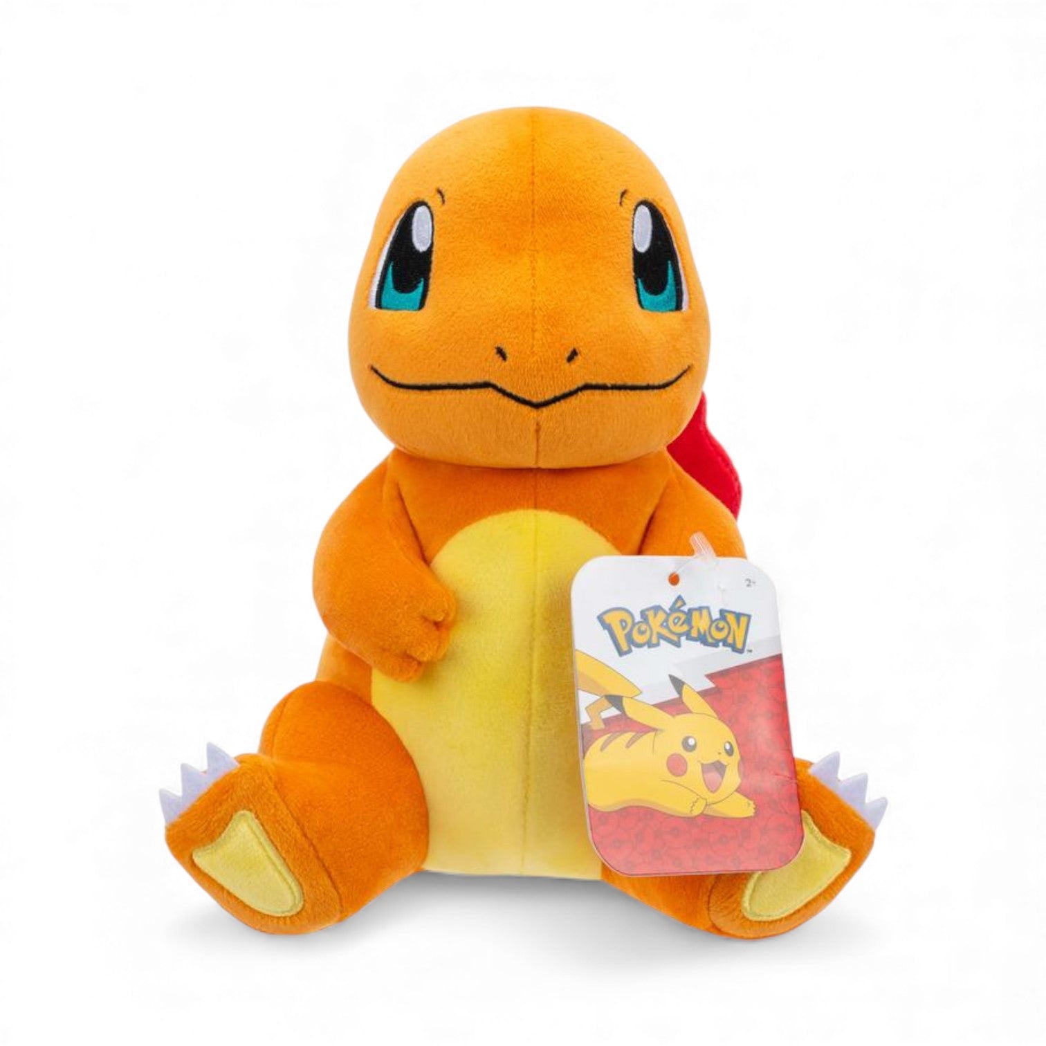 Front view of the Pokémon 8-Inch Charmander Plush, an orange Fire-type lizard with a cream belly and embroidered eyes, sitting in a happy pose.