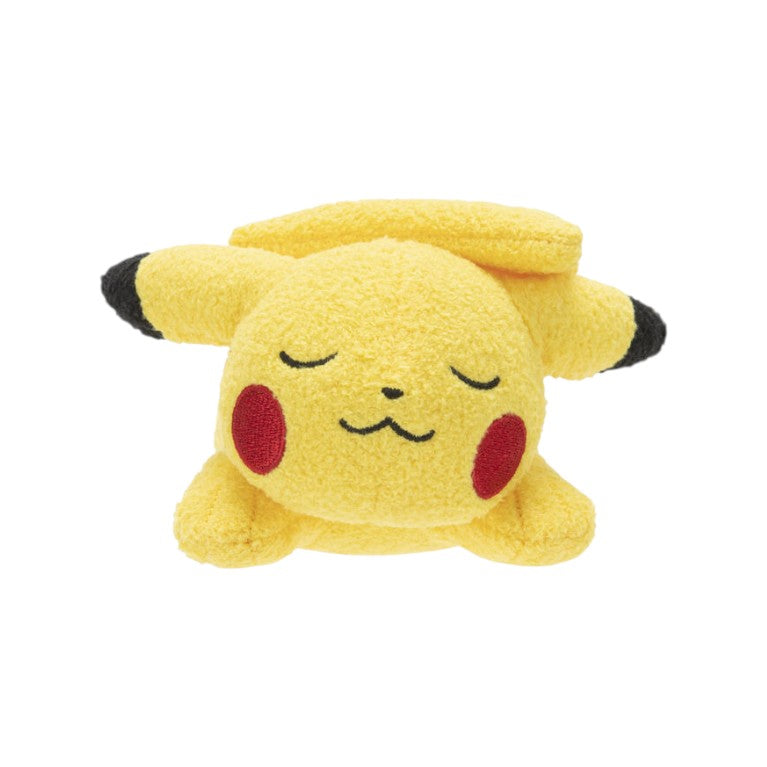 Front view of the Pokémon 5-Inch Sleeping Pikachu Plush, lying on its stomach with closed eyes and ears tucked back.