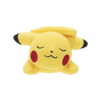 Front view of the Pokémon 5-Inch Sleeping Pikachu Plush, lying on its stomach with closed eyes and ears tucked back.