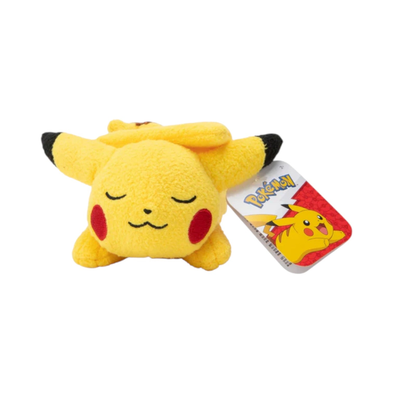 Plush toy resembling Pikachu with a tag on a white background
