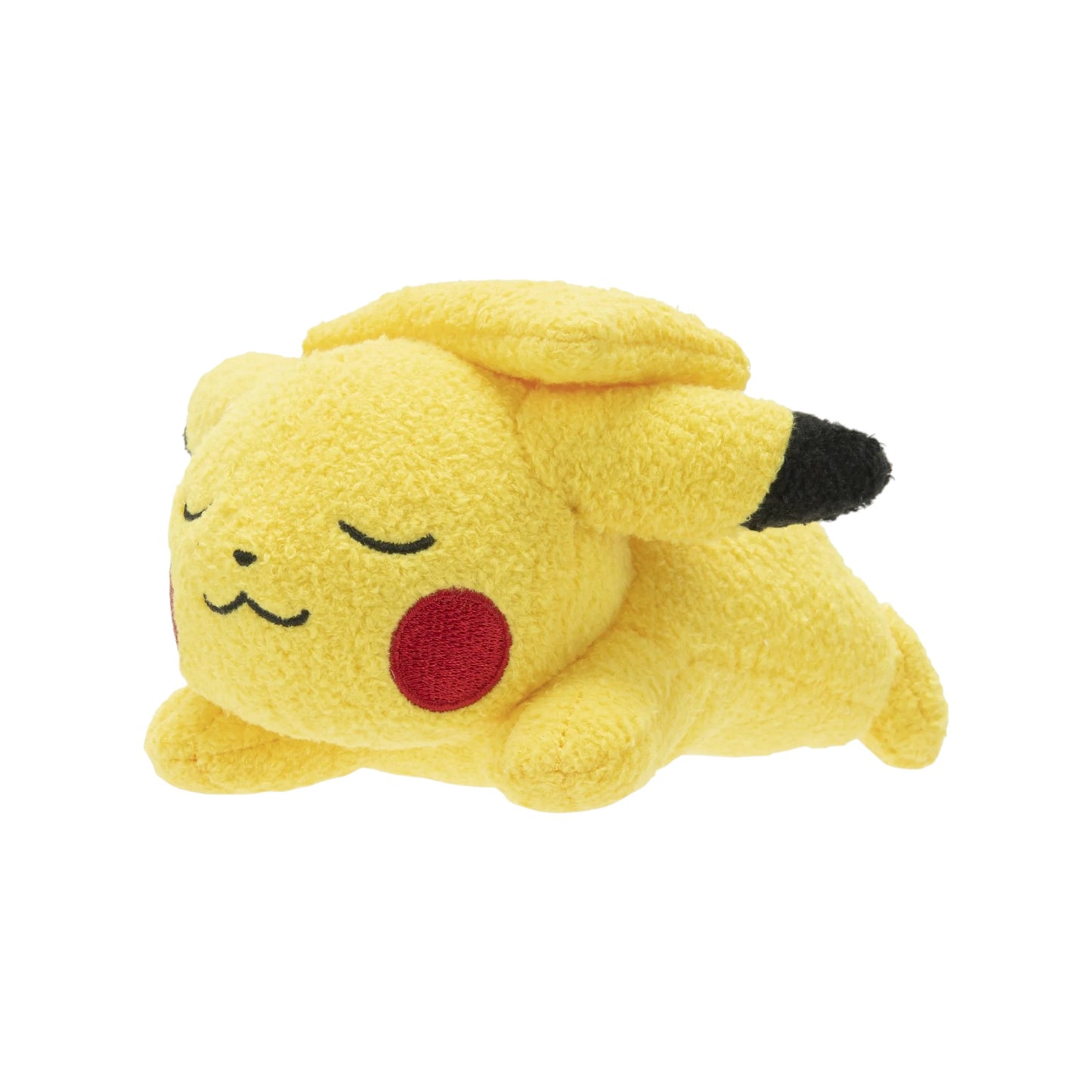 Side view of the Pokémon 5-Inch Sleeping Pikachu Plush, lying on its stomach with closed eyes and ears tucked back.