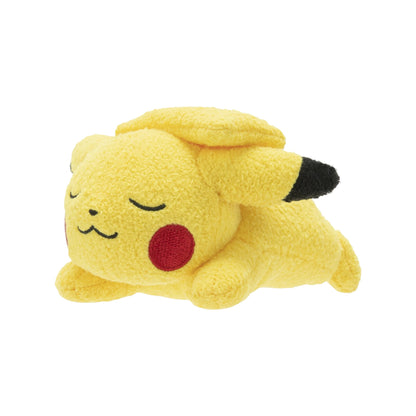 Side view of the Pokémon 5-Inch Sleeping Pikachu Plush, lying on its stomach with closed eyes and ears tucked back.