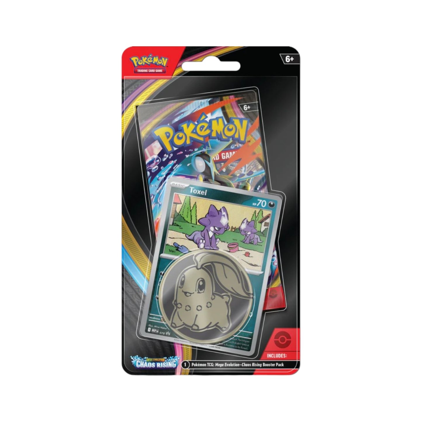 Pokémon TCG Mega Evolution Chaos Checklane Blister packaging showing a Toxel promo card and Chikorita coin