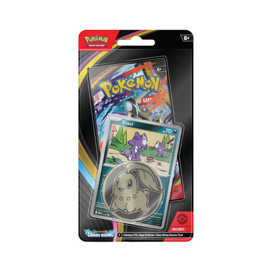 Pokémon TCG Mega Evolution Chaos Checklane Blister packaging showing a Toxel promo card and Chikorita coin