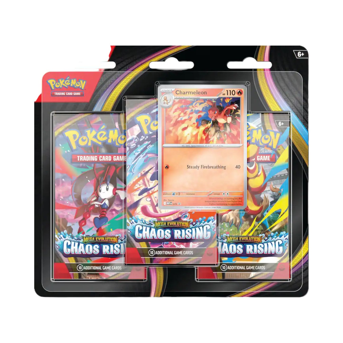 Pokémon Trading Card Game Mega Evolution Chaos Rising 3-Pack Booster featuring Charmeleon promo card