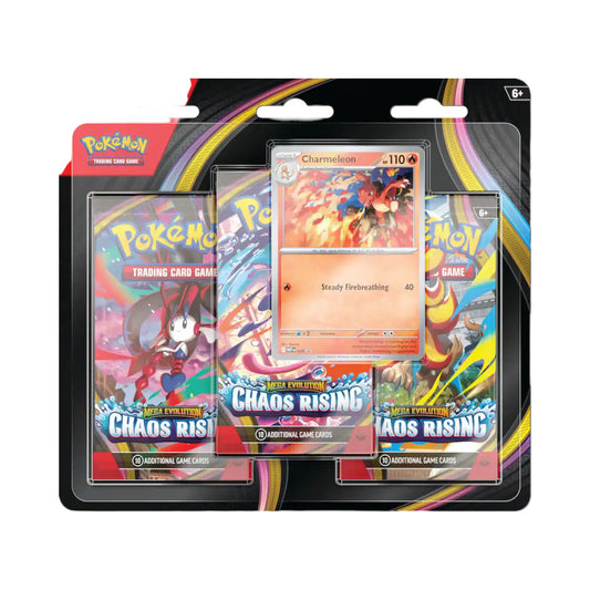 Pokémon Trading Card Game Mega Evolution Chaos Rising 3-Pack Booster featuring Charmeleon promo card