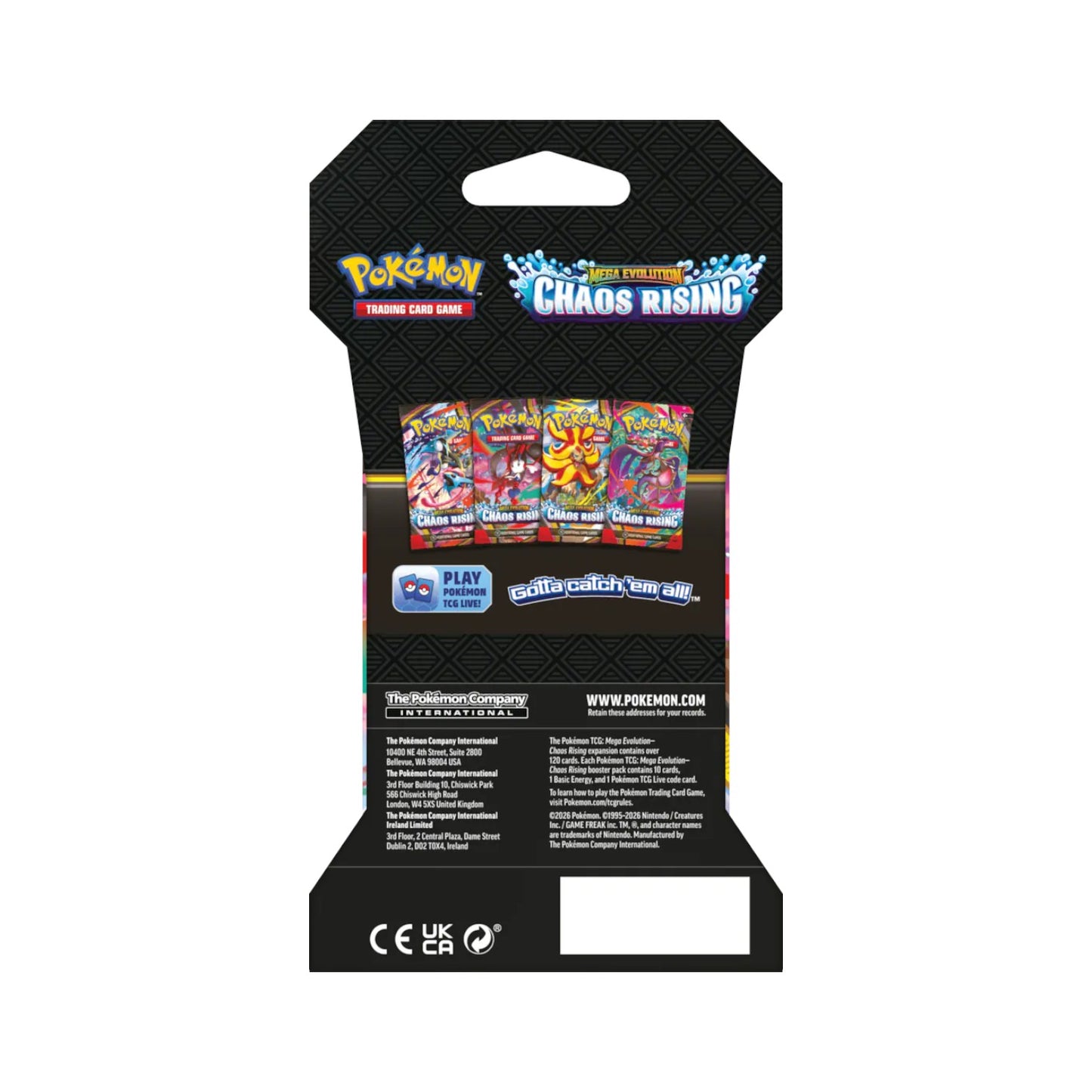 Pokémon Trading Card Game Mega Evolution Chaos Rising Sleeved Booster packs showing various cover art styles