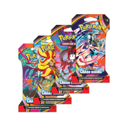 Pokémon Trading Card Game Mega Evolution Chaos Rising Sleeved Booster packs showing various cover art styles