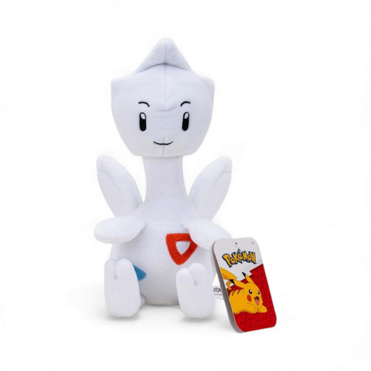 Front view of the Pokémon 8-Inch Togetic Plush, a white angel-like Pokémon with red and blue triangle markings on its chest and a happy expression.