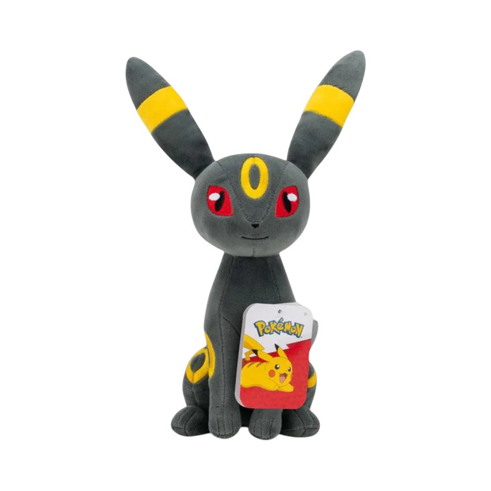 Front view of the Pokémon 8-Inch Umbreon Plush, a sleek black Dark-type Eevee evolution with yellow ring markings and red eyes, sitting in a composed pose.