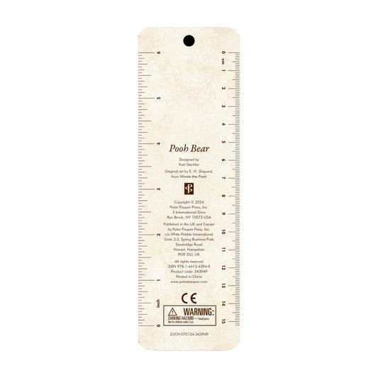 Pooh Bear Children's Bookmark, featuring classic E.H. Shepard illustrations, a matching brown tassel, and a ruler on the back