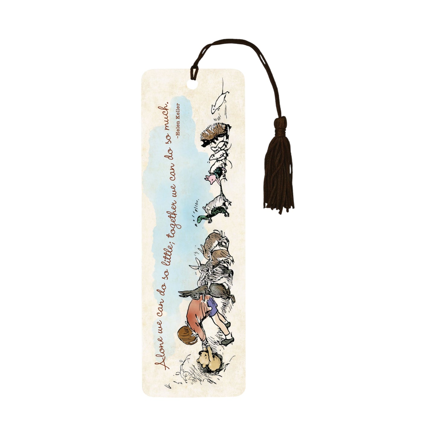 Pooh Bear Children's Bookmark, featuring classic E.H. Shepard illustrations, a matching brown tassel, and a ruler on the back