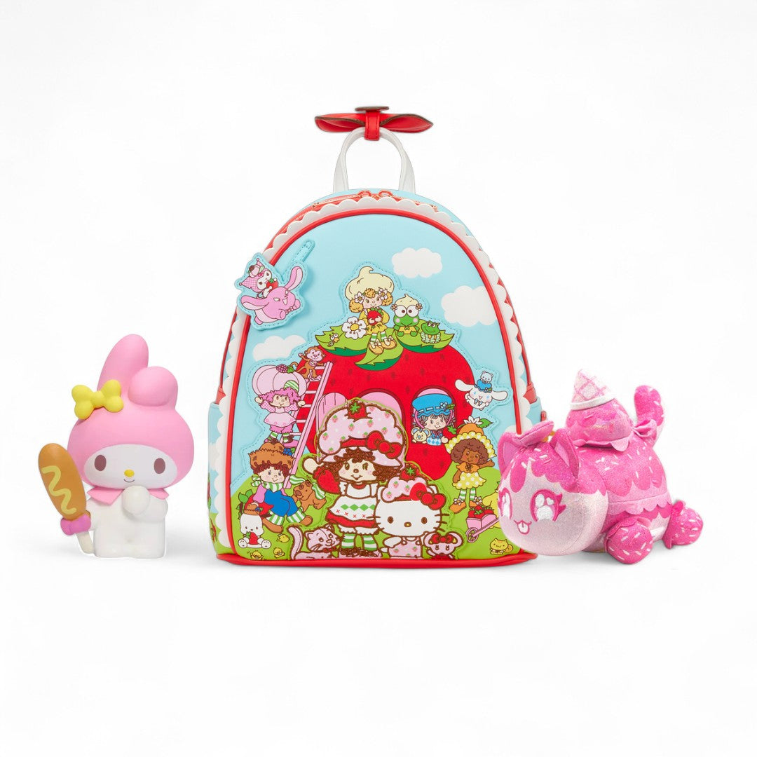 Backpack with cartoon characters and two plush toys on a white background